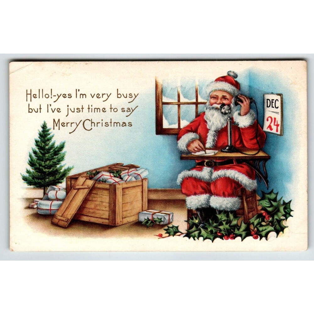 Christmas Postcard Santa Claus On Telephone Dec 24 Whitney Wrapped Gifts Tree